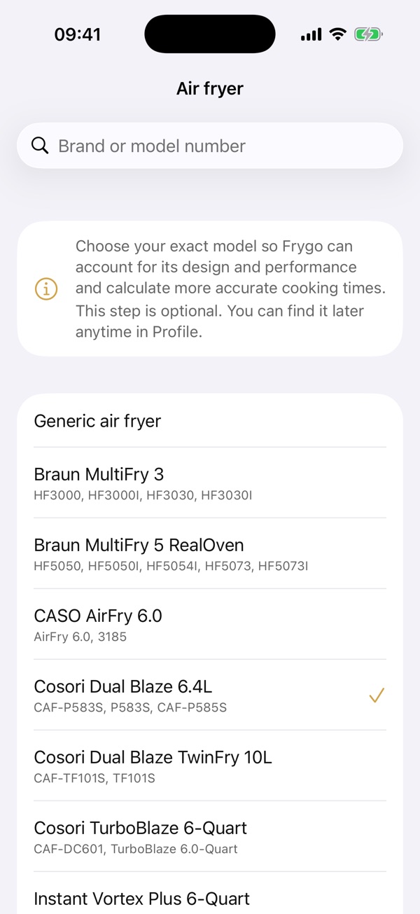 Choose an air fryer model in Frygo