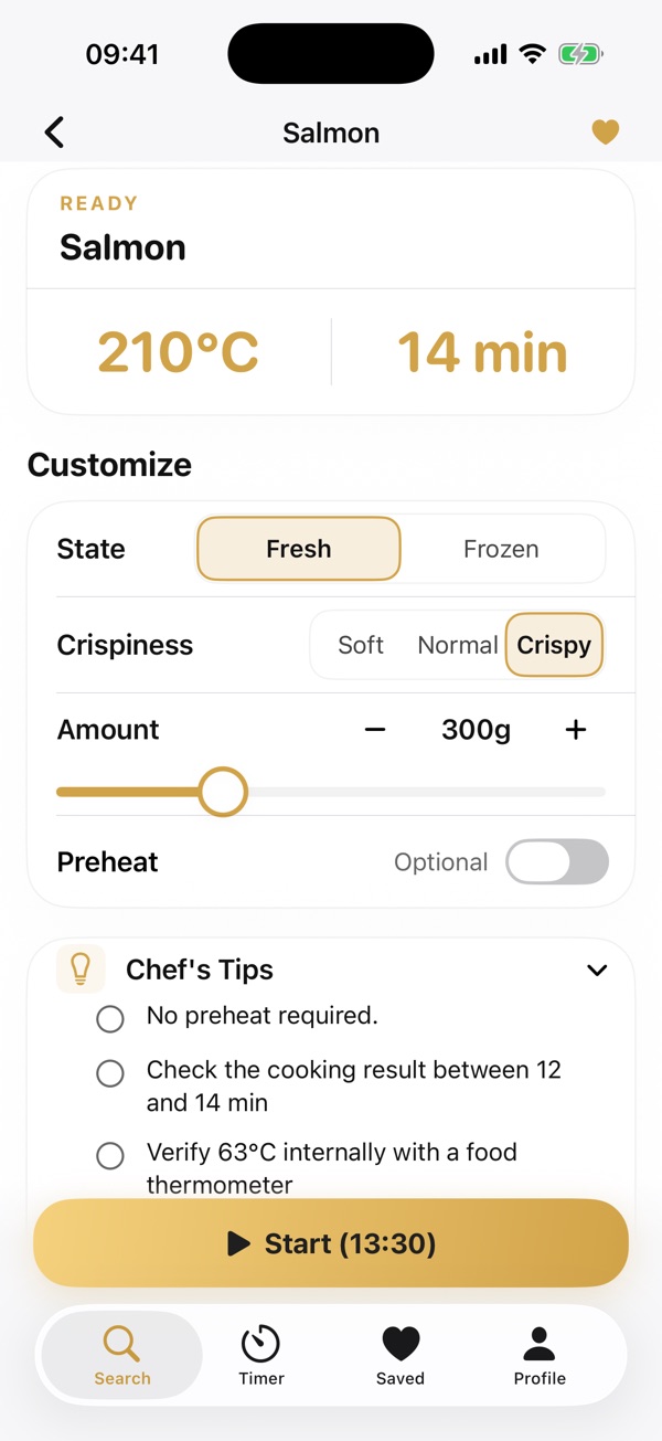 Tailored cooking time and temperature in Frygo