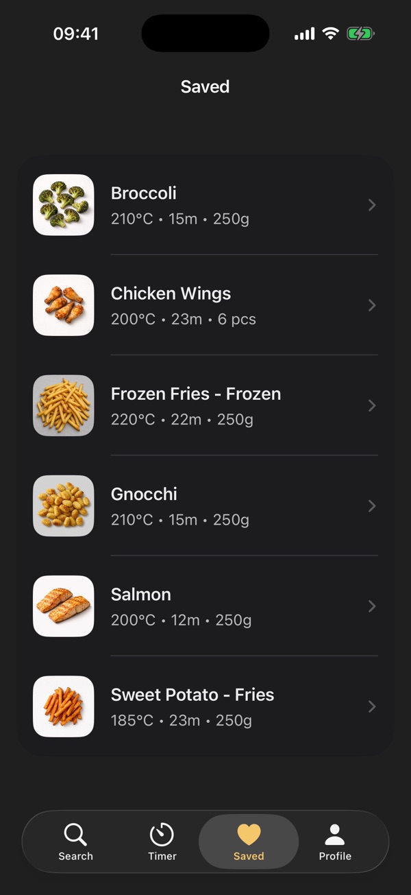 Saved foods in dark mode